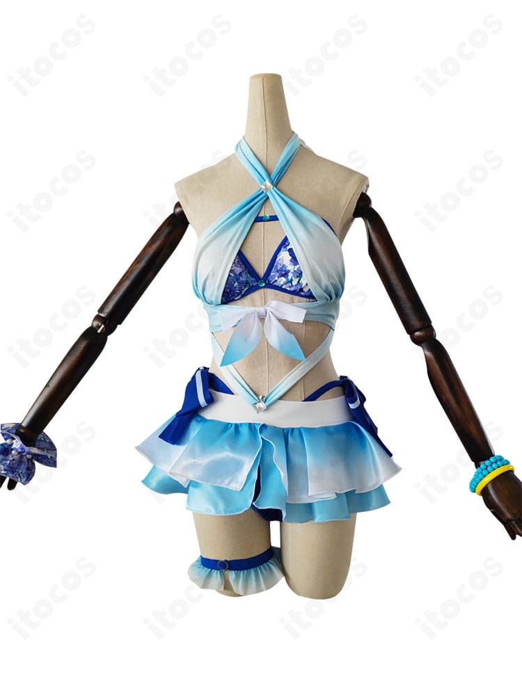 ラブライブ！絢瀬絵里 くじ引き堂 μ's 水着コスプレの正面全身。トップスとスカートの配色、アクセの配置がわかる高再現デザイン。