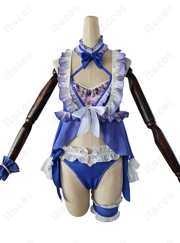 東條 希 μ's水着コスプレの正面全身。トップスのカッティングと装飾位置、色味を忠実に再現しイベント・撮影に対応。