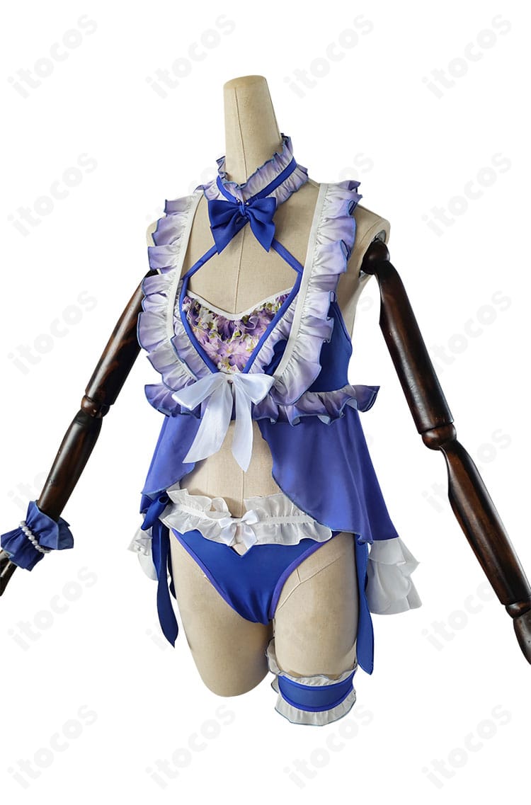 東條 希 水着コスプレの側面ディテール。体に沿うシルエットとストレッチ生地で、動きやすく美ラインをキープ。