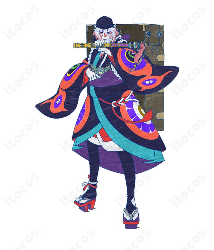 薬売り（モノノ怪）のコスプレ衣装一式。キャラクターの和装と装飾を忠実に再現した全体画像