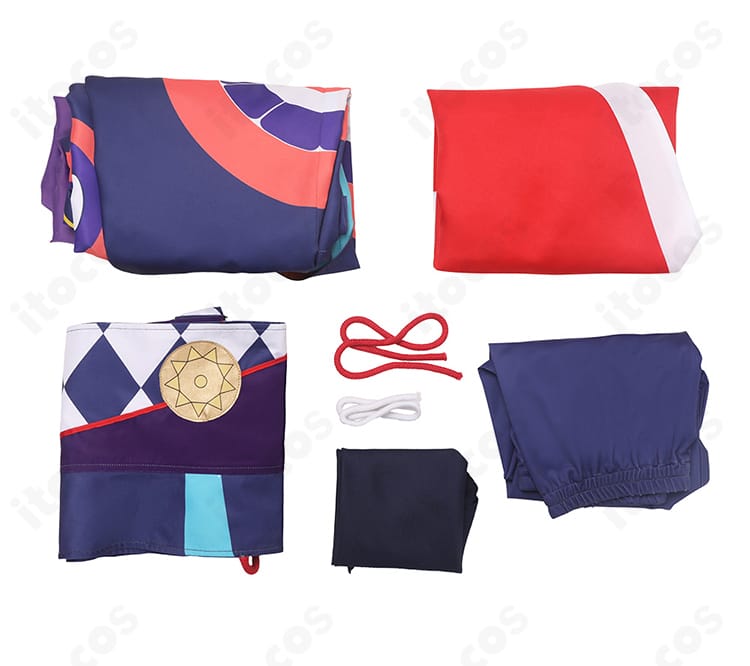 セット内容一覧。着物・スカート・帯・頭巾・背部蝶結び・タイツ・足首飾りを並べた確認用画像