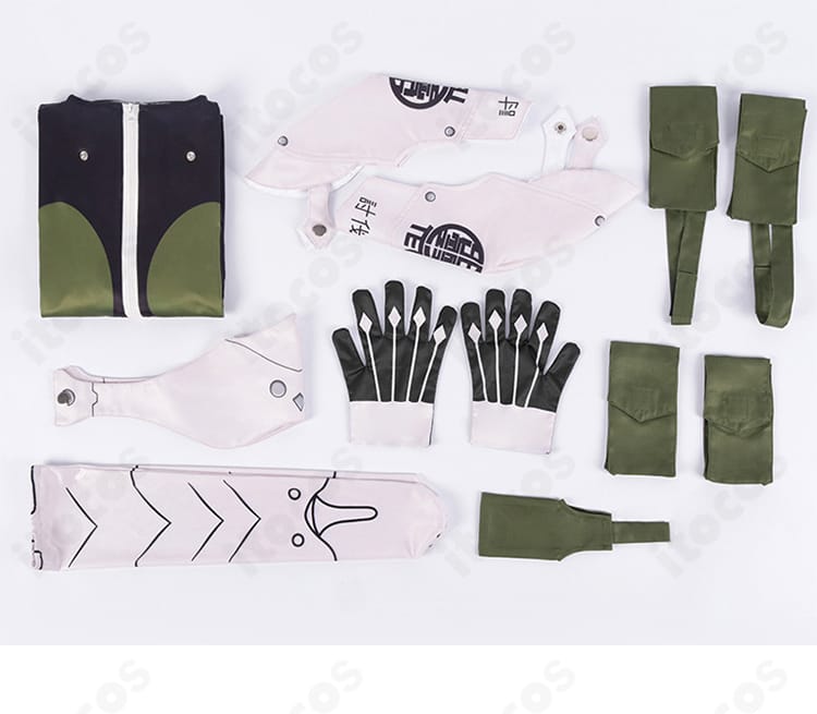 セット内容の一覧写真。ジャンプスーツ、手袋、各種ポーチ、肩飾り、腰飾り、レッグポーチ、靴下を確認可能。