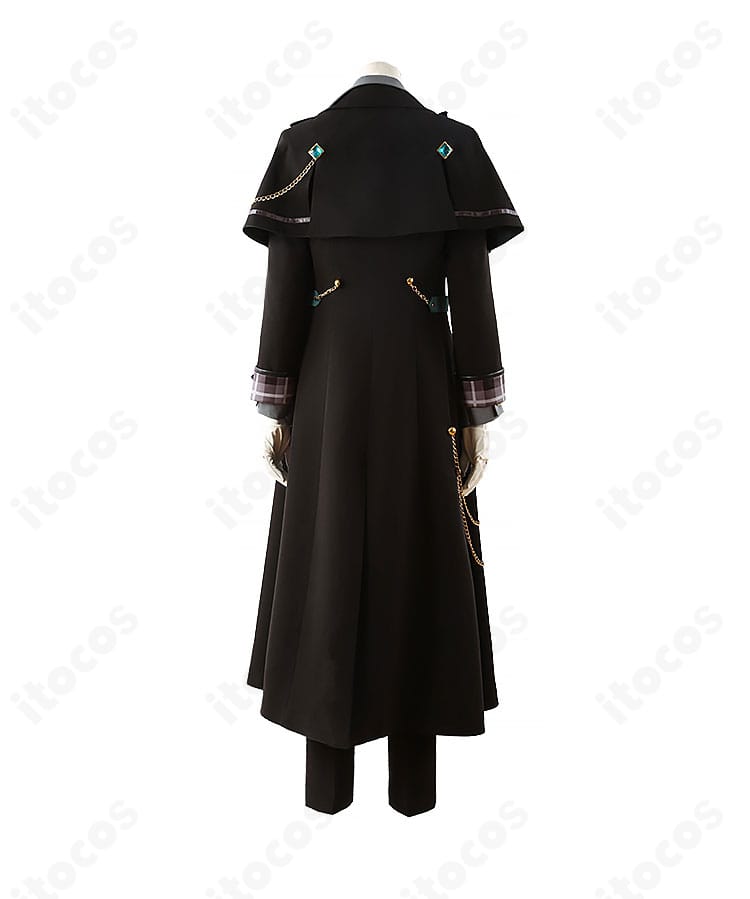 インテリジェンス衣装の背面。背面切り替え、ベント、チェーンの取り回しなど後ろ姿のディテールが分かる画像