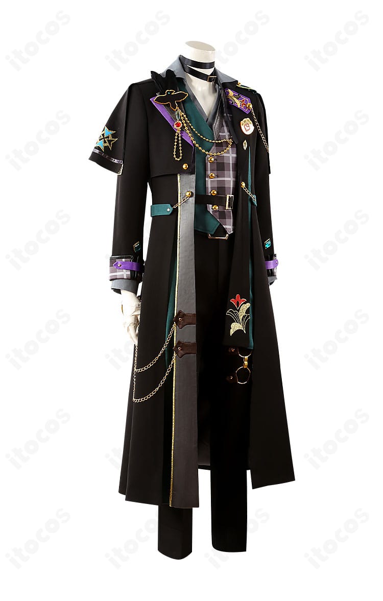 インテリジェンス衣装の側面。ジャケットのシルエット、ウエストライン、パンツのフィット感と太もも飾りの位置関係を示す画像