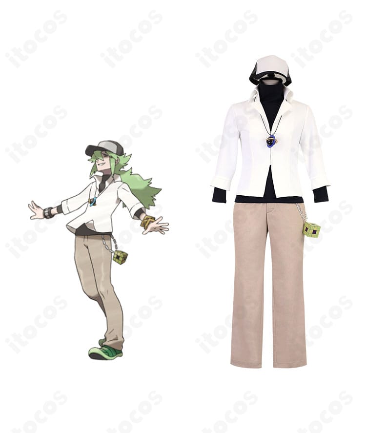 N（エヌ）とコスチューム正面の比較。白コートとアクセでプラズマ団の王を高精度に再現した全身コスプレ衣装。