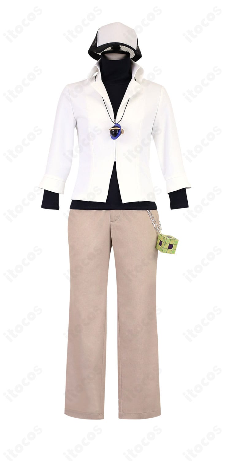 正面フルセット一式。ポケモンBWのN（エヌ）をイメージした白コート、トップス、ズボン、帽子、アクセサリーのコスプレ衣装。