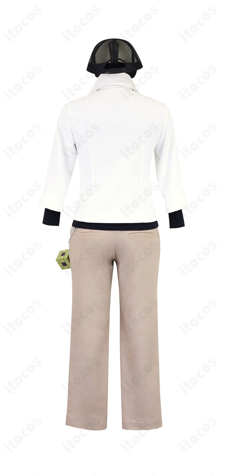 背面全体。コートの丈感と背面ライン、袖口の配色がわかるN（エヌ）プラズマ団衣装の後ろ姿。