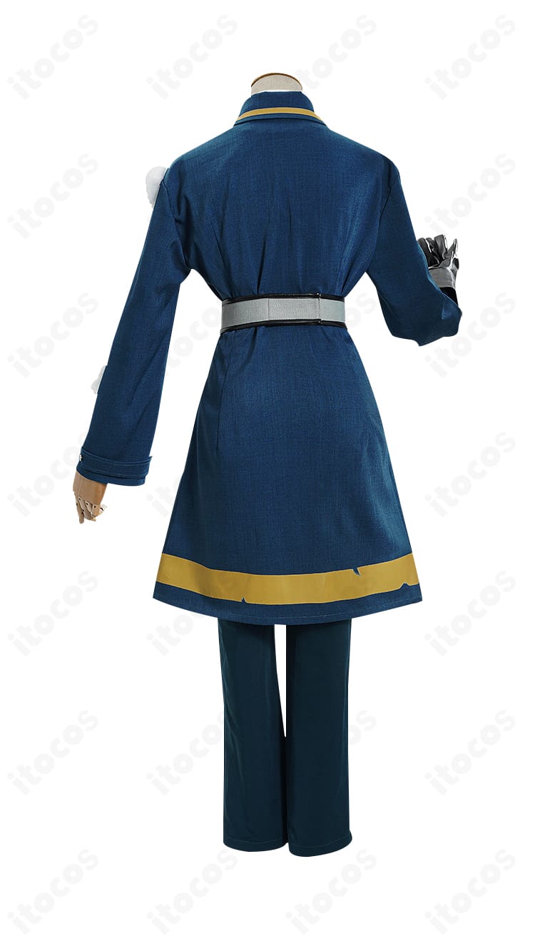 第五人格 フロリアン・ブランド 火災調査員コスプレ衣装の背面。背中の裁ちとヨークライン、後ろ姿のシルエットを詳細に表示