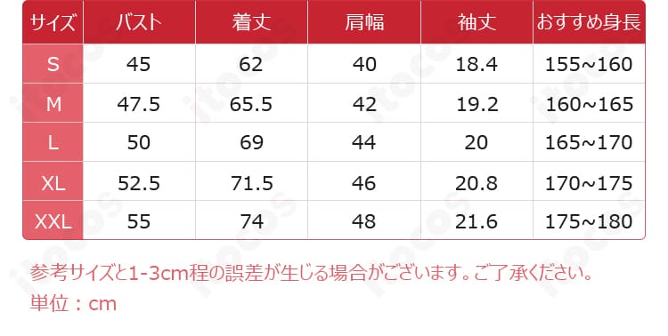 雨宮蓮 コスプレ衣装のサイズ表。S〜XXLまでの各寸法を一覧で確認できるガイド画像。