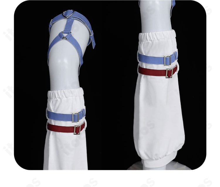 太もも用アクセサリーとレッグカバーの質感ディテール。固定ベルトの位置関係を説明。