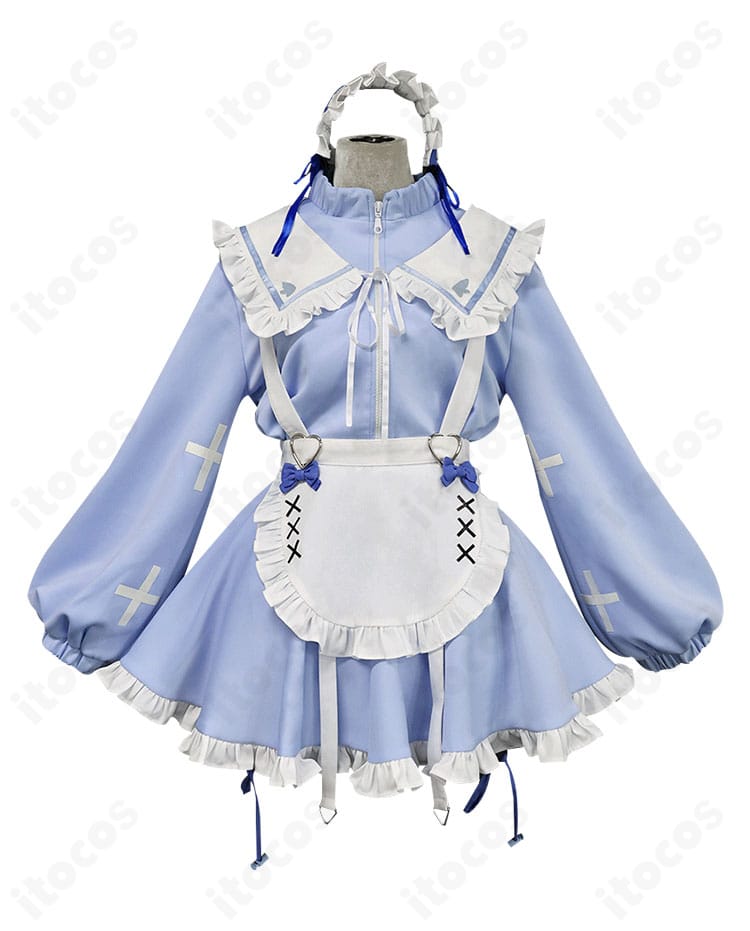 宝多六花コスプレ衣装の正面ディテール。つけ襟とエプロンの配置、胸元の縫製が分かる。