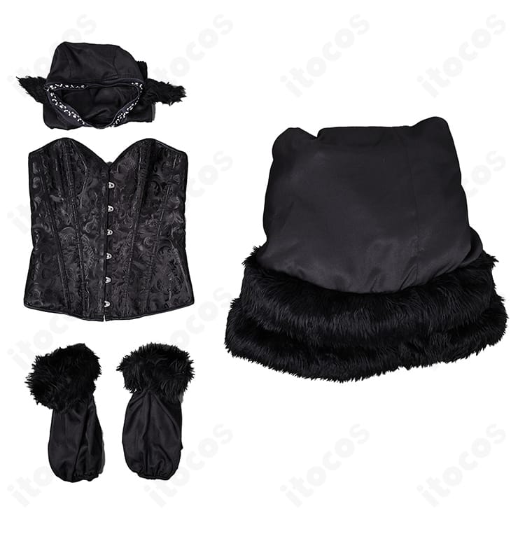 ダンジョン飯 マルシル ハロウィン コスプレ衣装のセット内容。頭飾り・ビスチェ・スカート・袖の4点を並べて表示