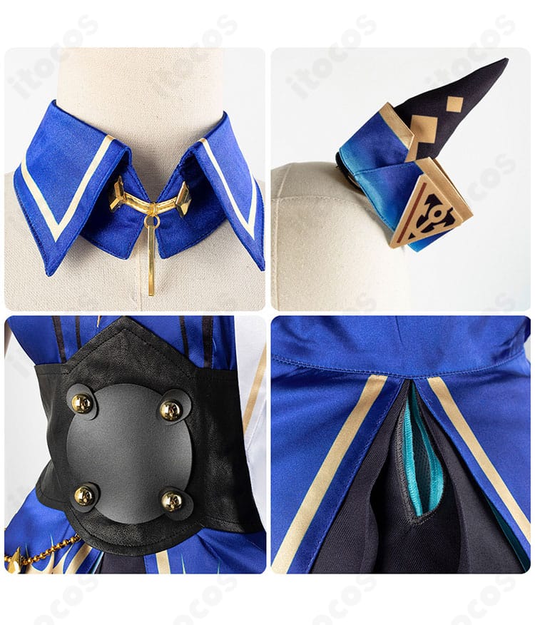 勝負服の衣襟・髪飾り・腰のコルセットベルト装飾ディテールの近接写真