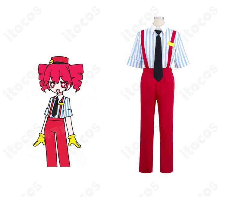 重音テト メズマライザー版のコスプレ衣装とキャラクターイラストを並べた正面画像。高再現のシャツとオーバーオールが特徴。