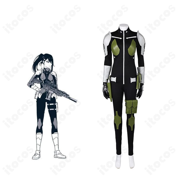 亜白ミナの防衛隊戦闘服コスプレ一式。ジャンプスーツと肩鎧のタクティカルな造形が融合した全身イメージ。