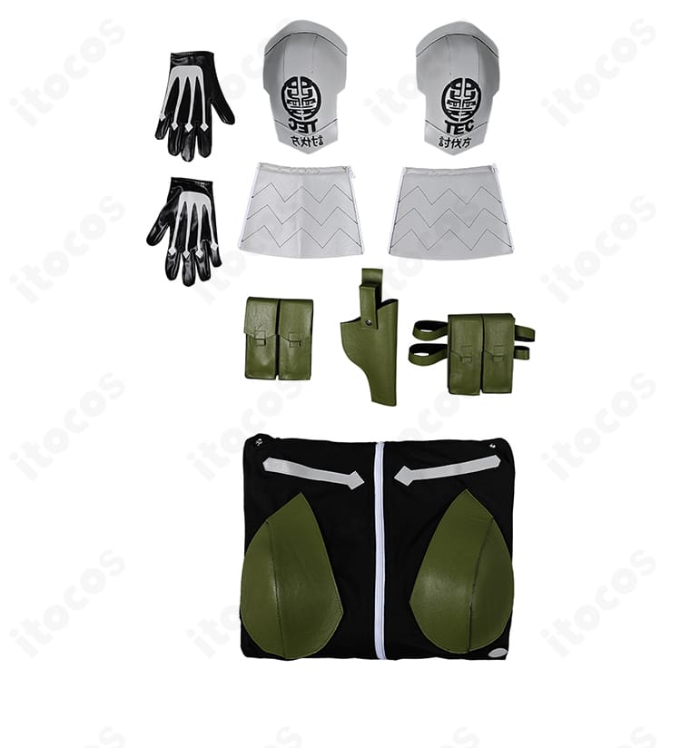 亜白ミナ コスプレ衣装セット内容一覧。ジャンプスーツ・肩鎧・手鎧・各種ポーチ・手袋のフルセットをレイアウト。