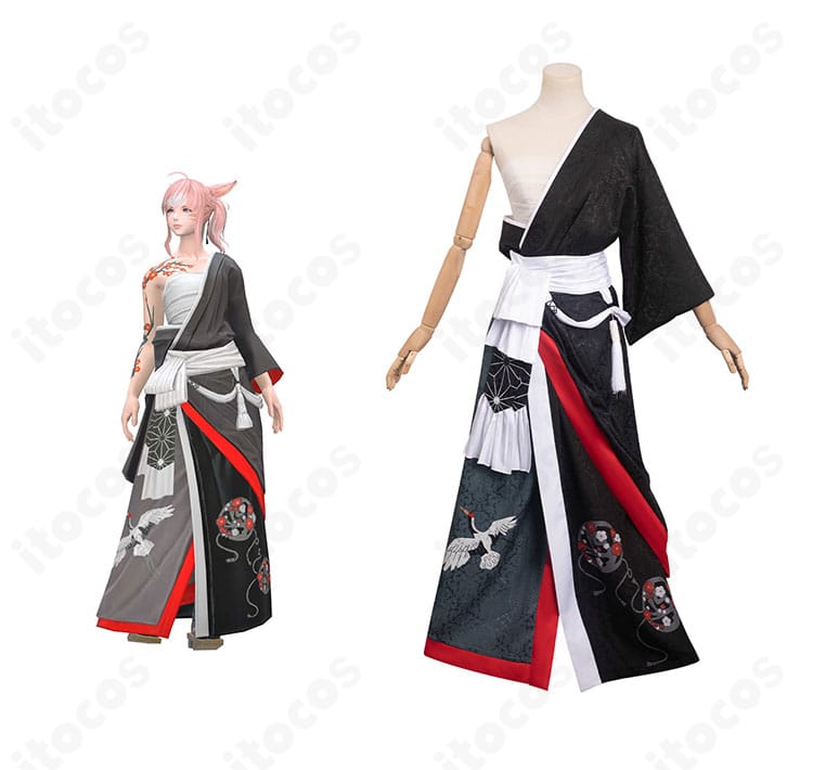 ファイナルファンタジーXIV 夜鶴胴着 コスプレ衣装の正面と着物ディテール。刺繍や帯装飾まで再現したフルセットの見本画像