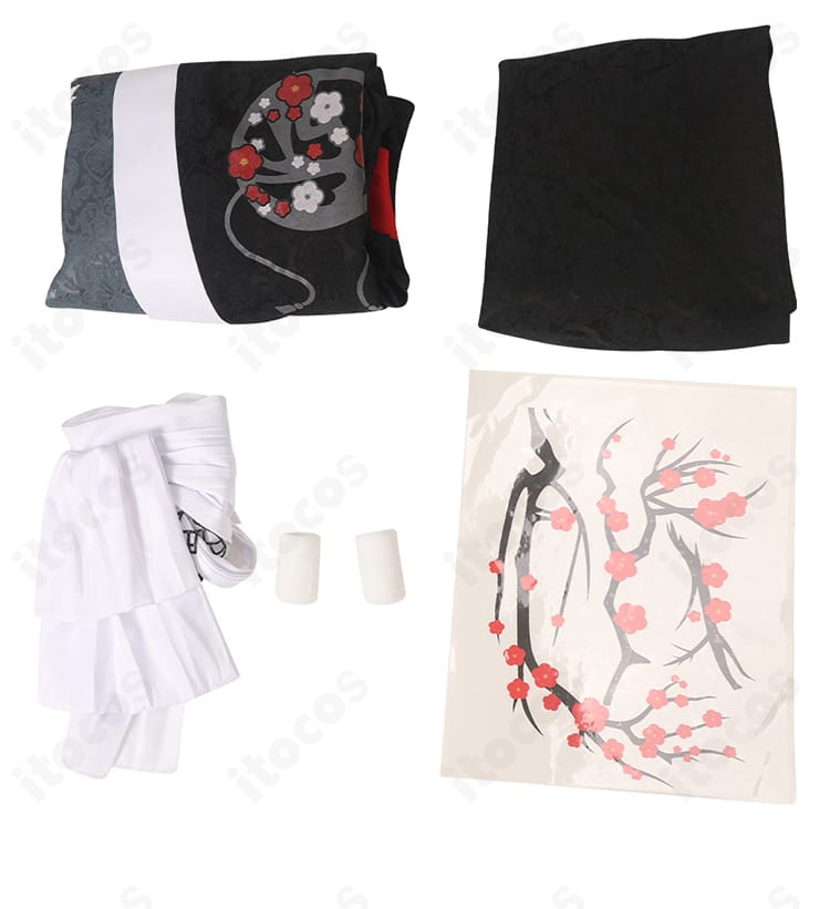 ファイナルファンタジーXIV 夜鶴胴着 コスプレ衣装のセット内容。トップス・スカート・帯・包帯・タトゥーシールを並べた構成写真