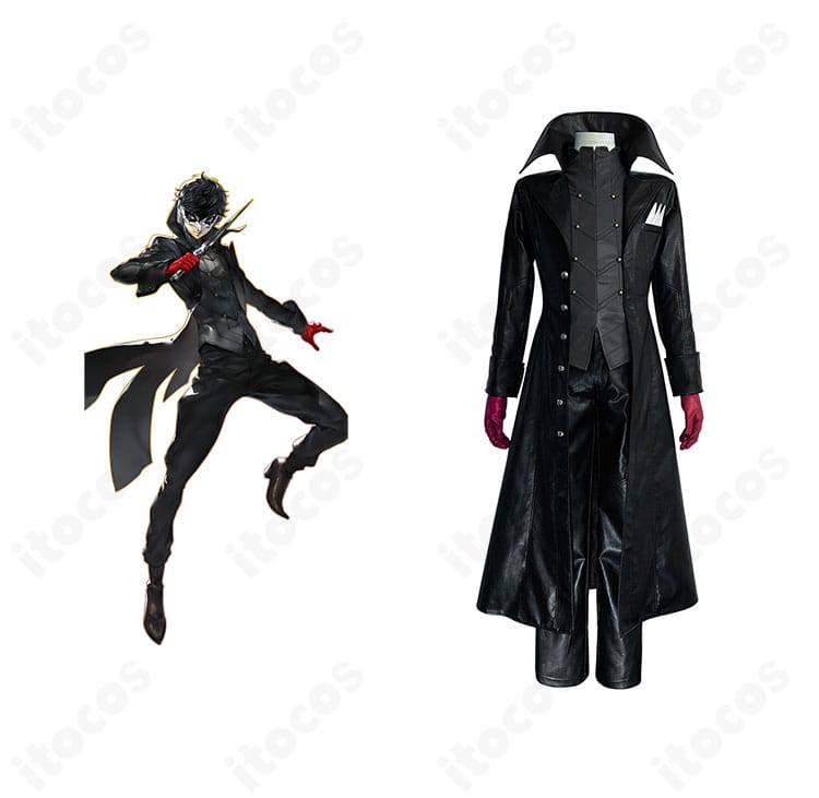 『ペルソナ５ ザ・ロイヤル』雨宮蓮の怪盗服コスプレ衣装。商品正面とキャラクター比較で再現度を示す画像。