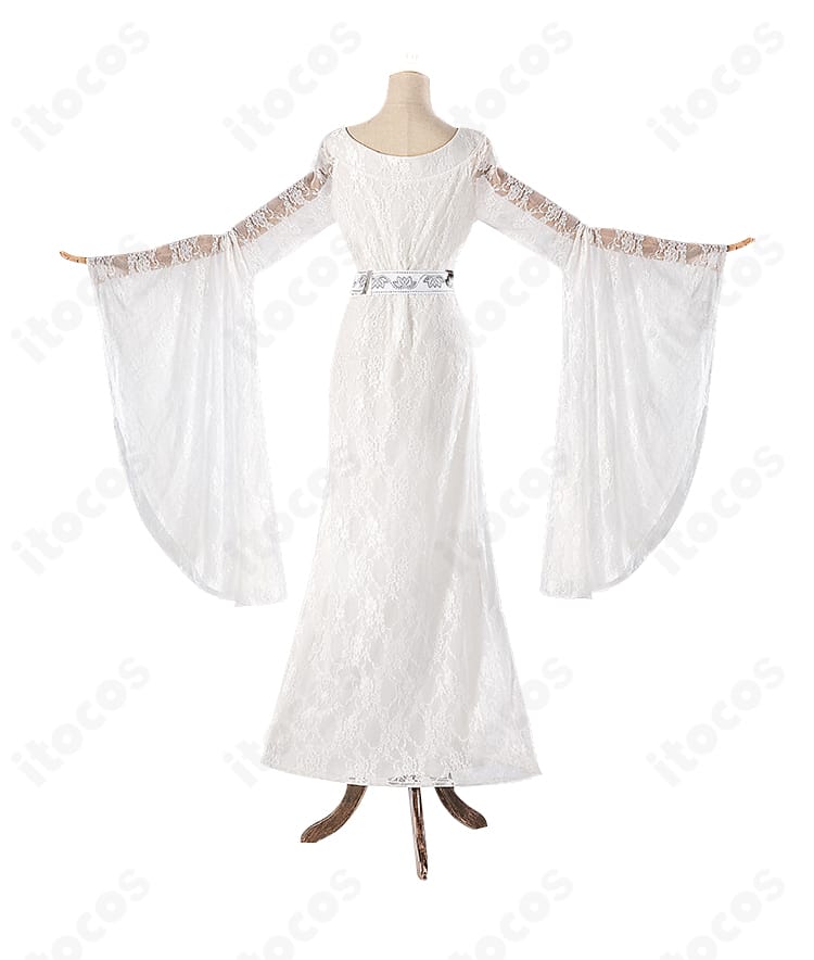 ガラドリエル コスプレ衣装の背面。バックシルエットとベルト位置、裾の広がりを確認できるディテール。