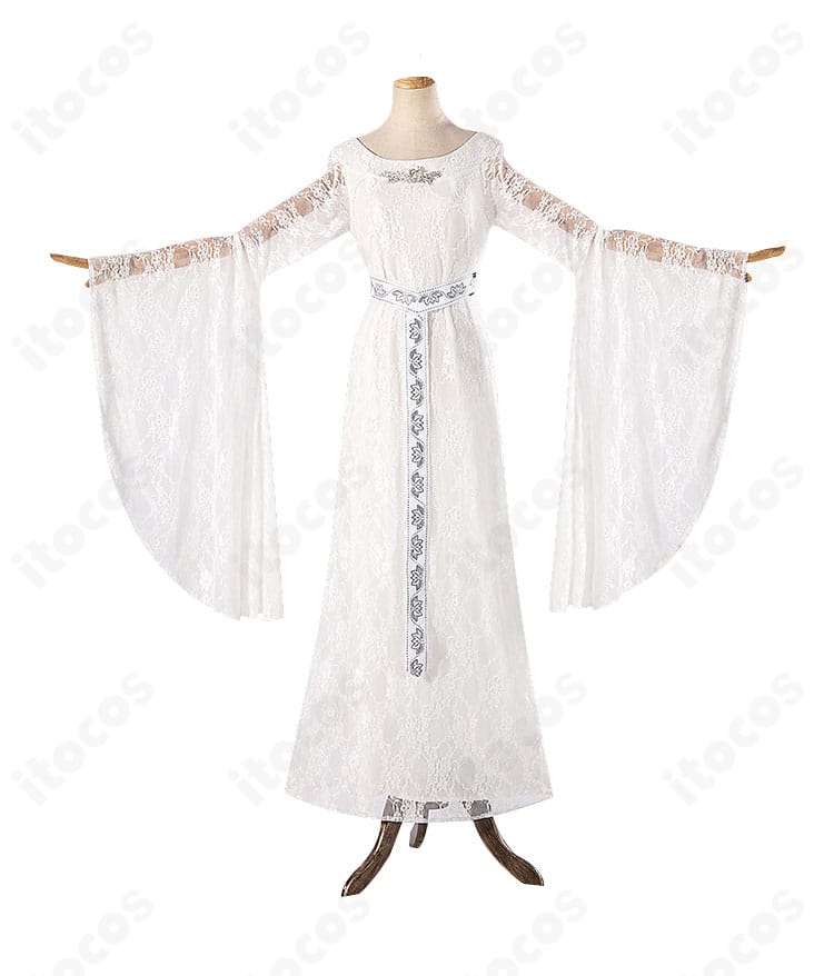 ガラドリエル コスプレ衣装の正面全体。ロングドレスと細身ベルトで映画版の造形を端正に再現。