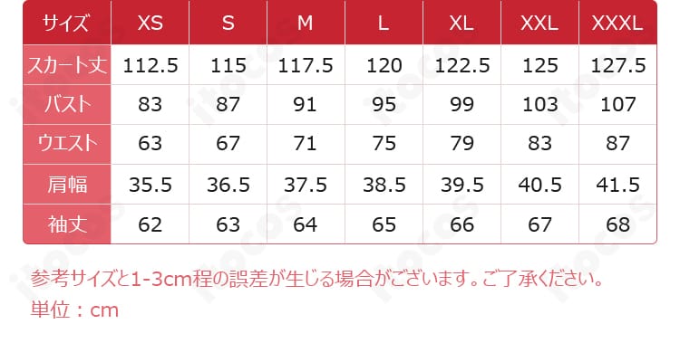 ソフィー・ハッター コスプレ衣装のサイズガイド表。XS〜XXXLまでの寸法目安を示す参照画像。