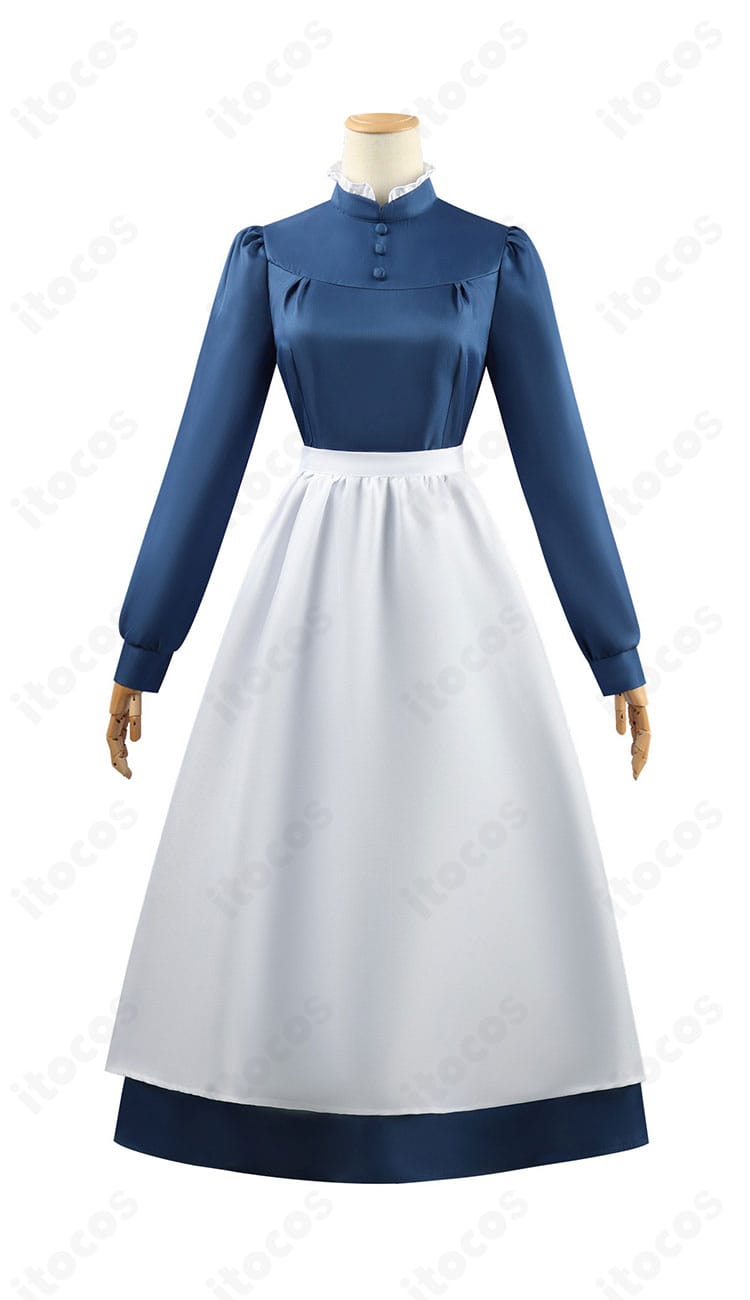 ハウルの動く城 ソフィー・ハッター 青ワンピースの正面ディテール。清楚なラインとエプロンの形状がわかる商品画像。