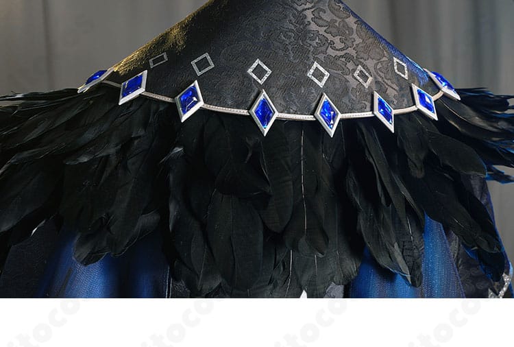 マント肩の羽毛装飾のアップ。豪華で目を引くデザインを強調