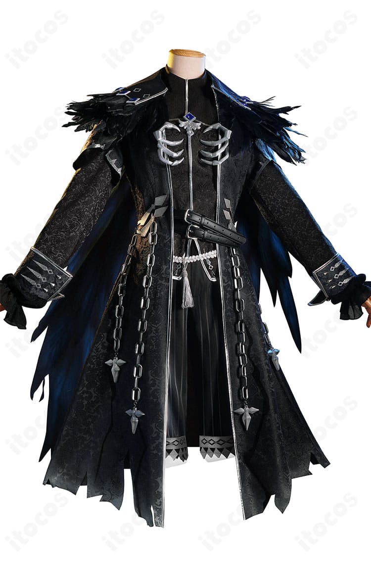 ジョゼフ 亡霊の魔術師 コスプレ衣装の正面全体。コートとマント、胸飾りと鎖の配置を示す