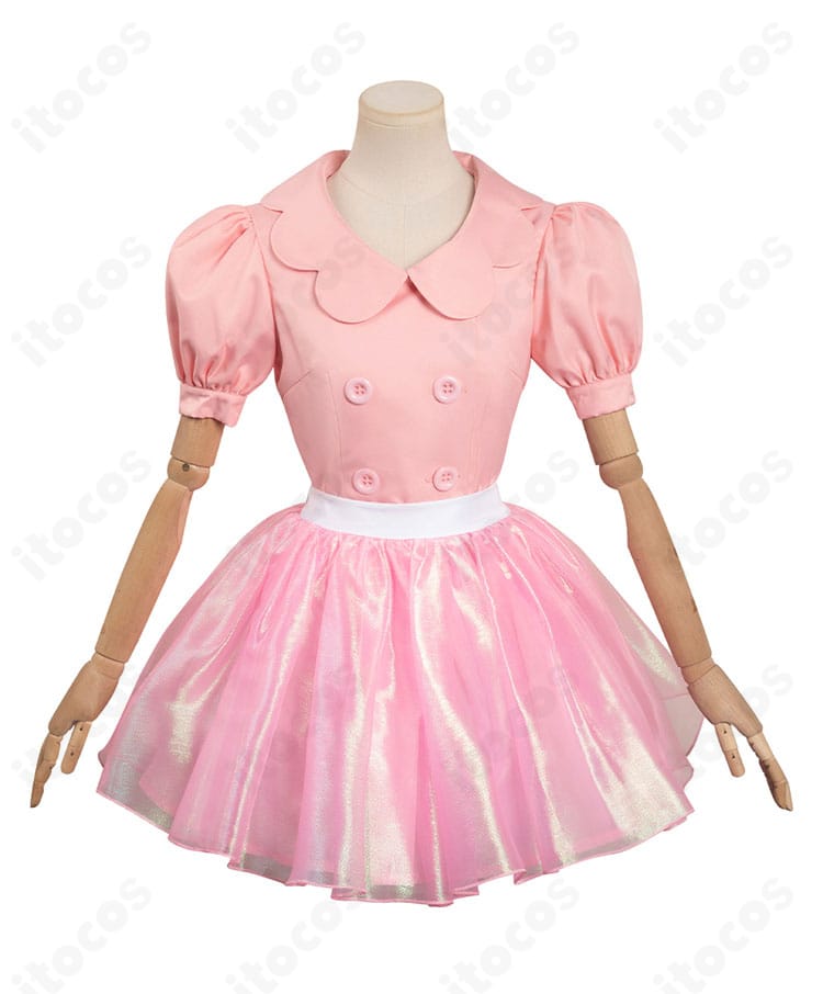 バービー コスプレ衣装の正面全体図。トップスとスカート、髪飾り、帽子を含むフルセットのシルエット。