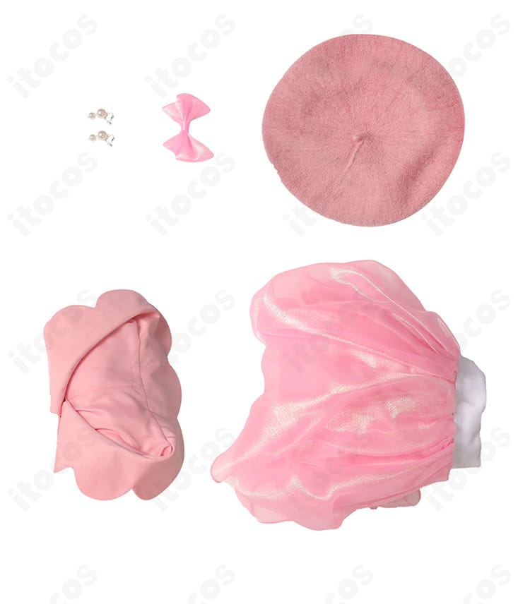 バービー コスプレ衣装のセット内容一式。トップス、スカート、髪飾り、帽子、耳飾りを並べた全体写真。