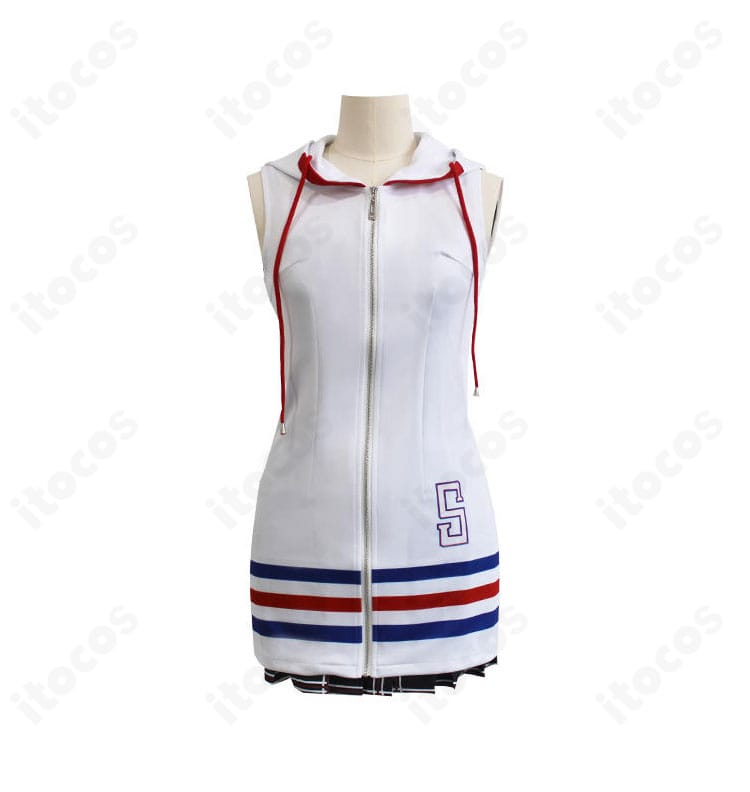 インナー（白パーカー）正面の近接。襟元の重なりと金具・飾り位置、ステッチが見えるディテール写真。