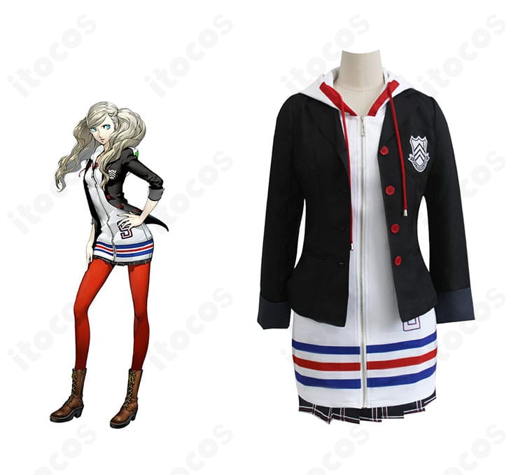 高巻杏の秀尽学園制服コスプレ衣装とキャラクターが並ぶ正面画像。白パーカー重ねの再現度が際立つ構図。