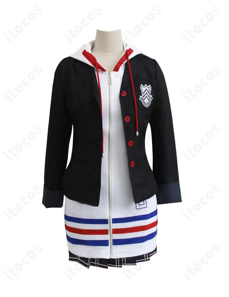 ペルソナ5 高巻杏の学生服スタイルを正面から撮影。コートと白パーカー、赤系チェックのスカートが鮮明に分かる写真。