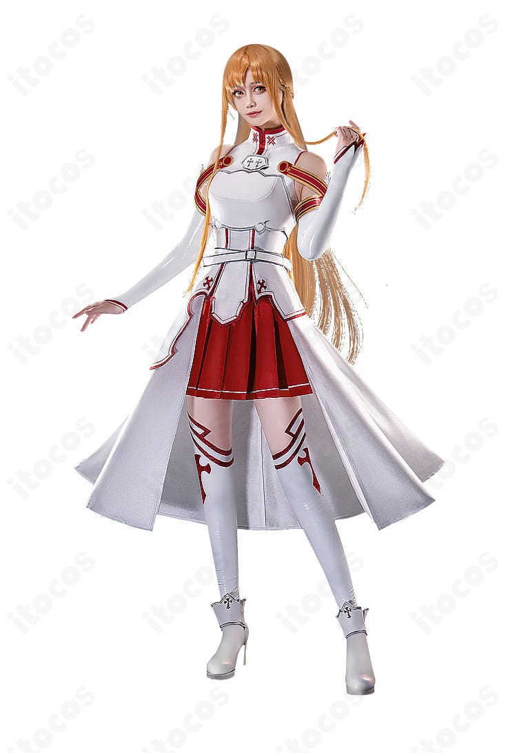 アスナコスプレ衣装の左側ディテール。袖とスカートの装飾ラインの接合部アップ