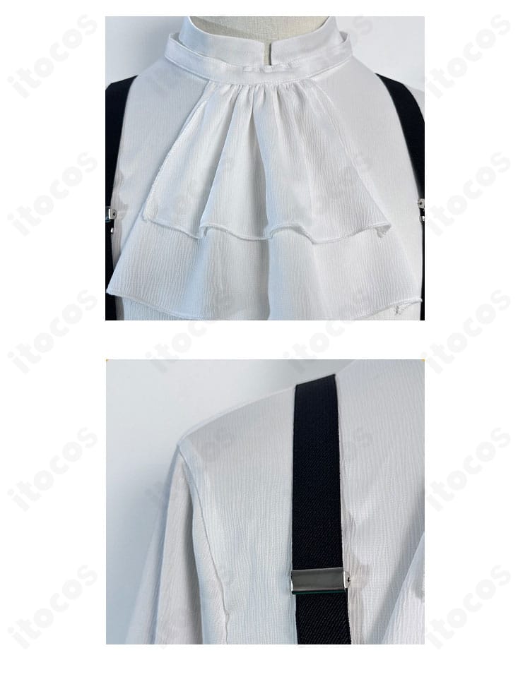 領巾風スカーフとサスペンダーの結節部。天使と悪魔モチーフの装飾が映えるディテール。