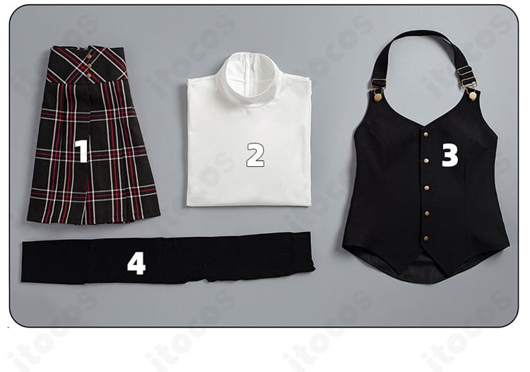 ペルソナ5 新島真 コスプレ衣装 セット内容一式。スカート・インナー・ベスト・靴下の同梱品表示。