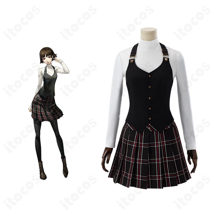 ペルソナ5 新島真 学生制服コスプレ衣装の正面全体像とキャラクター比較。配色とシルエットを忠実に再現。