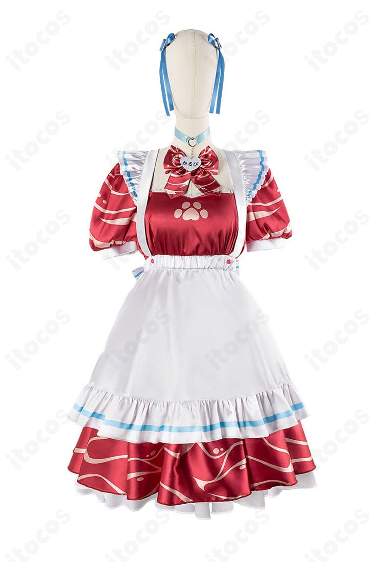 赤見かるび メイド服コスプレ衣装の正面全体。襟元リボンとエプロンの配置、シルエットが確認できるカット。