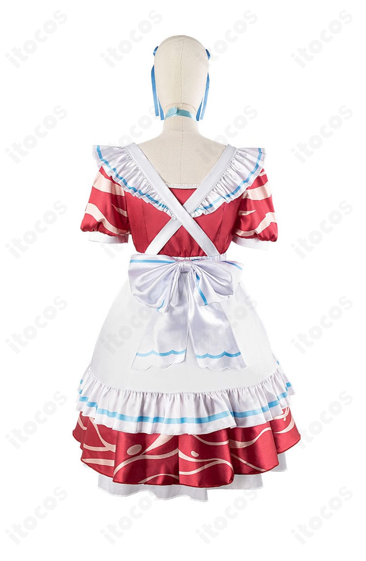 赤見かるび メイド服コスプレ衣装の背面全体。背中のデザインと大きな蝶結びの見え方がわかる写真。