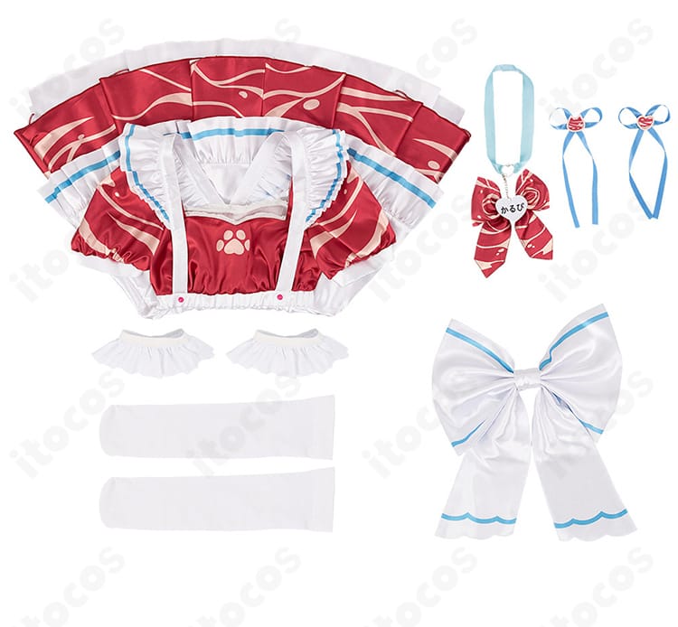 赤見かるび メイド服コスプレのセット内容一式。ワンピース、背部蝶結び、靴下、髪飾り、首飾りを並べた確認画像。