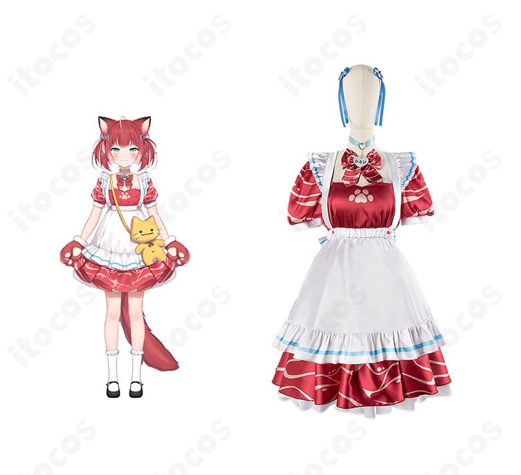 赤見かるびのメイド服コスプレ衣装を着用した全身とキャラクターイメージの比較。忠実な配色と装飾バランスがわかる写真。