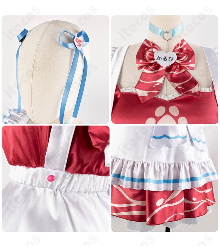 赤見かるび コスプレ衣装の髪飾り・首元リボン・スカート装飾のディテール。アクセントの配置と質感を強調。