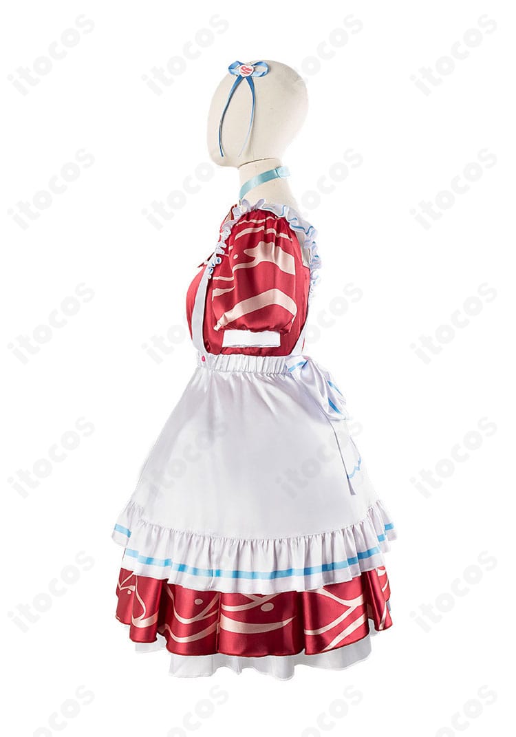 赤見かるび メイド服の左側ディテール。背部へつながる装飾や蝶結びの土台など細部を捉えた画像。