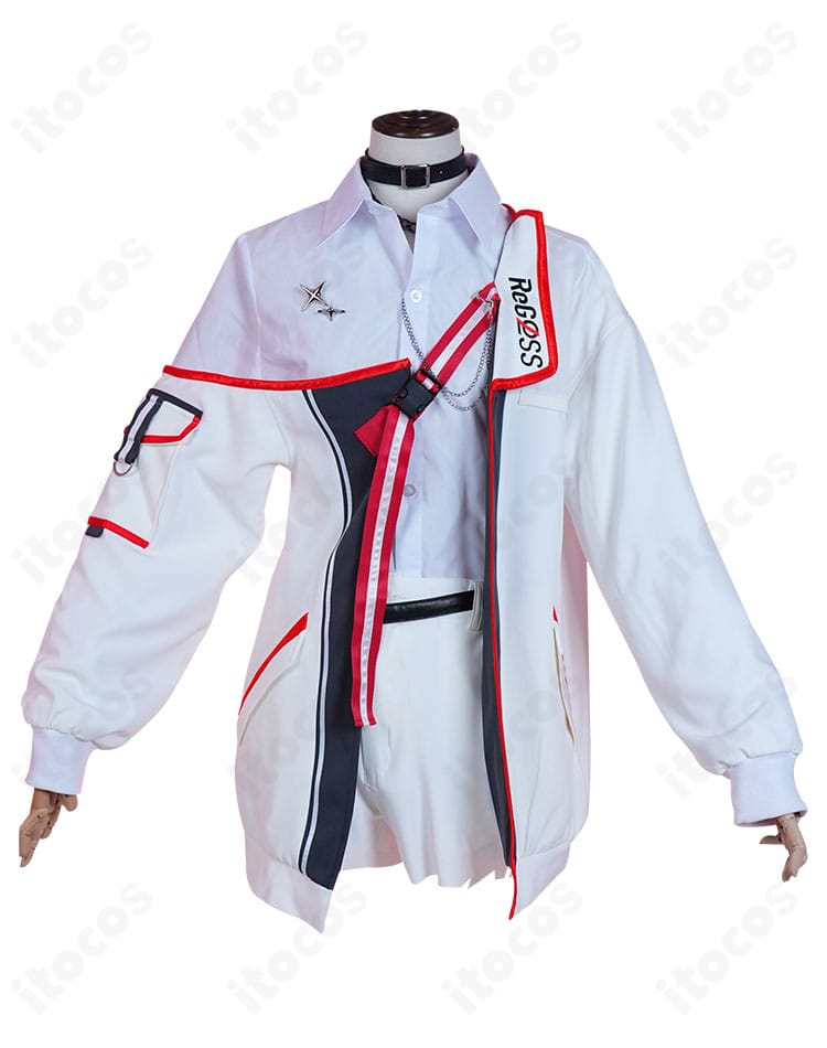 ホロライブ ReGLOSS 火威 青のコスプレ衣装正面。刺繍入り胸飾りとコントラスト配色が際立つデザイン。