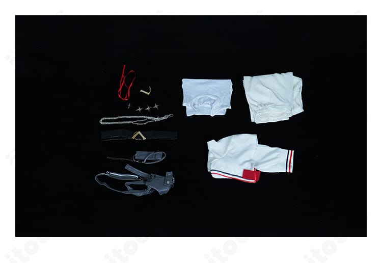 一条莉々華コスプレ衣装のセット内容一覧。上着、インナー、ズボン、ベルト、腕飾り、ポーチ、胸飾り、髪飾り、飾りチェーン。