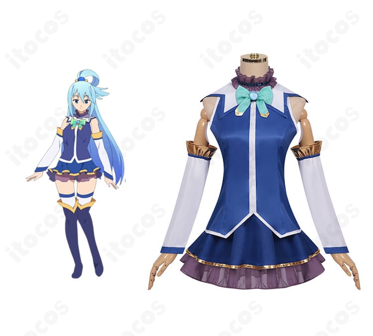 アクアのコスプレ衣装 正面全身とキャラクター合成、配色と装飾を忠実再現したイメージ