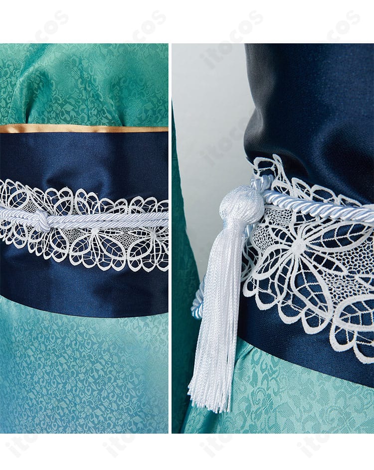 和装コスの腰紐装飾クローズアップ。結びの立体感と紐の通し方、質感を捉えたディテール。