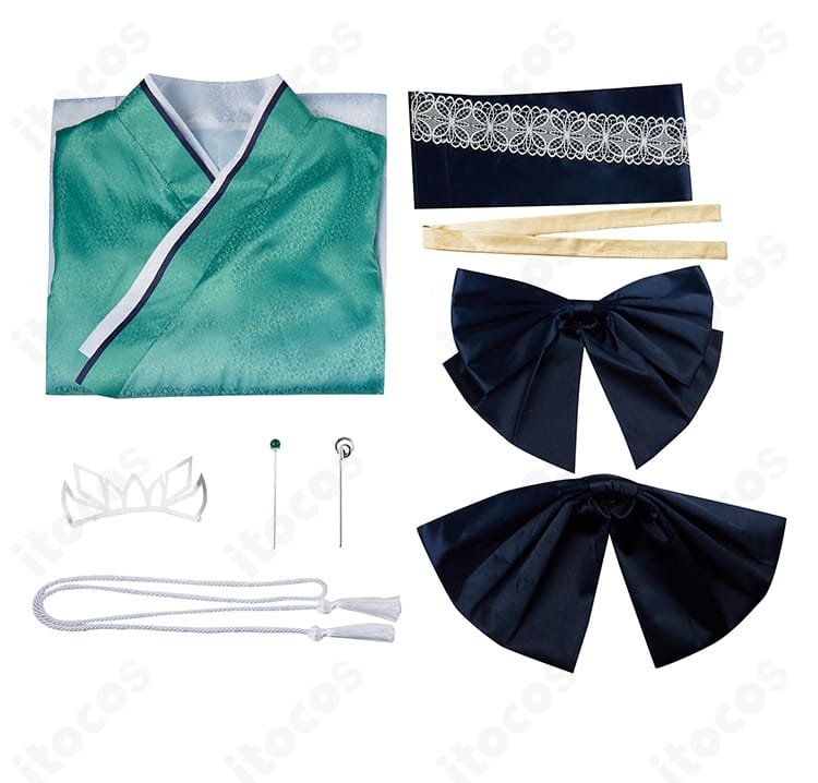 FGO モルガン 和装コスプレのセット一式。和服、帯、背部蝶結び、紐飾り、髪飾りの内容が一目で分かる配置。