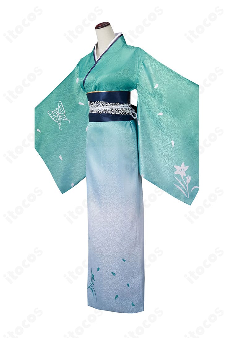 モルガン コスプレ衣装の側面図。袖口の形状と腰紐の流れ、裾のラインを詳細に表示。